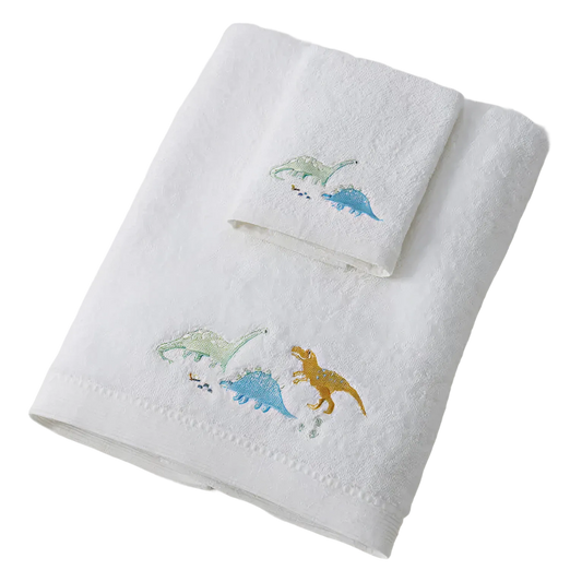 White towels with embroidered dinosaur designs