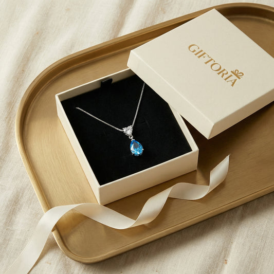 Forever Love blue necklace presented in Giftoria gift box, ready to gift 925 sterling silver jewellery for her
