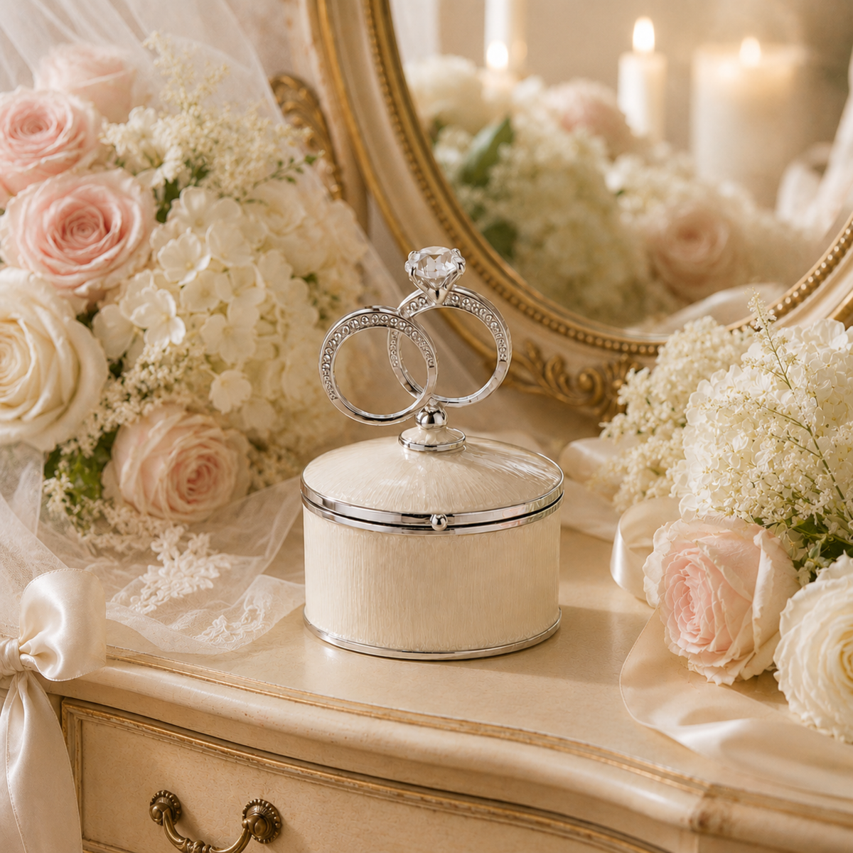 Romantic wedding rings jewellery box styled with bridal flowers on a dressing table