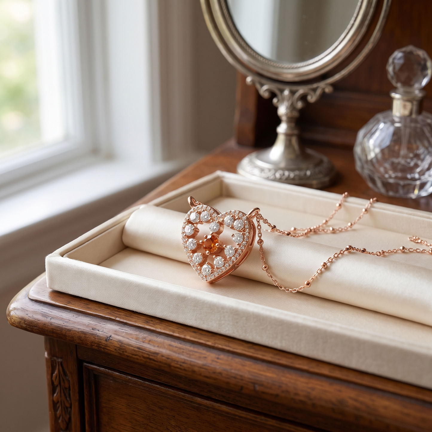 Rose gold heart pendant necklace displayed in a jewellery box on an elegant dressing table