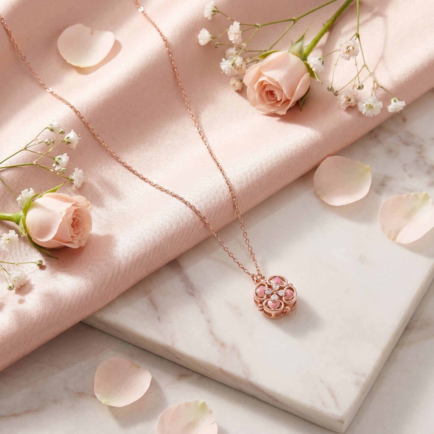 Rose gold lucky clover necklace flatlay with soft pink floral styling