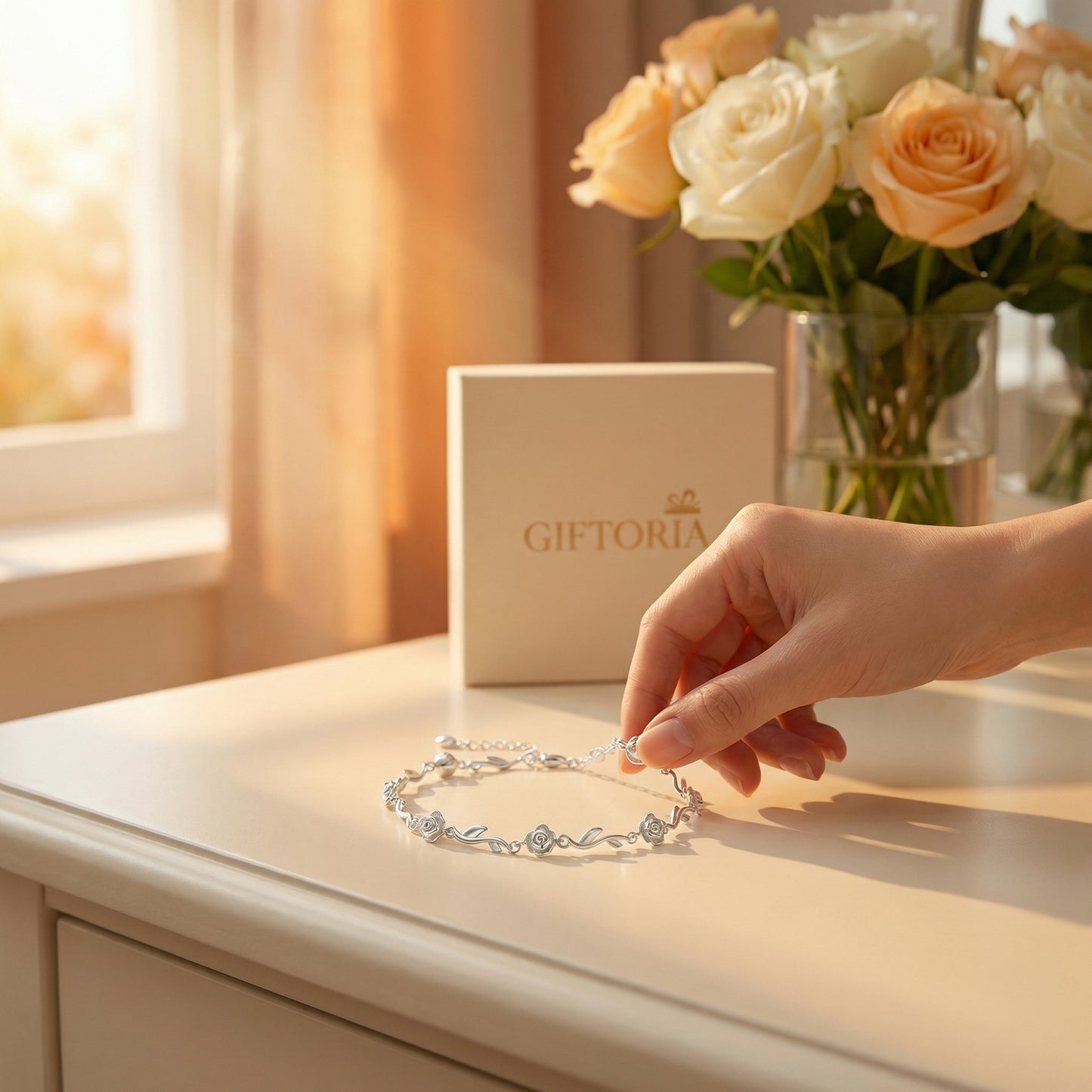 Rose of Love silver bracelet styled as a romantic gift for her, perfect for birthdays, anniversaries and special moments.