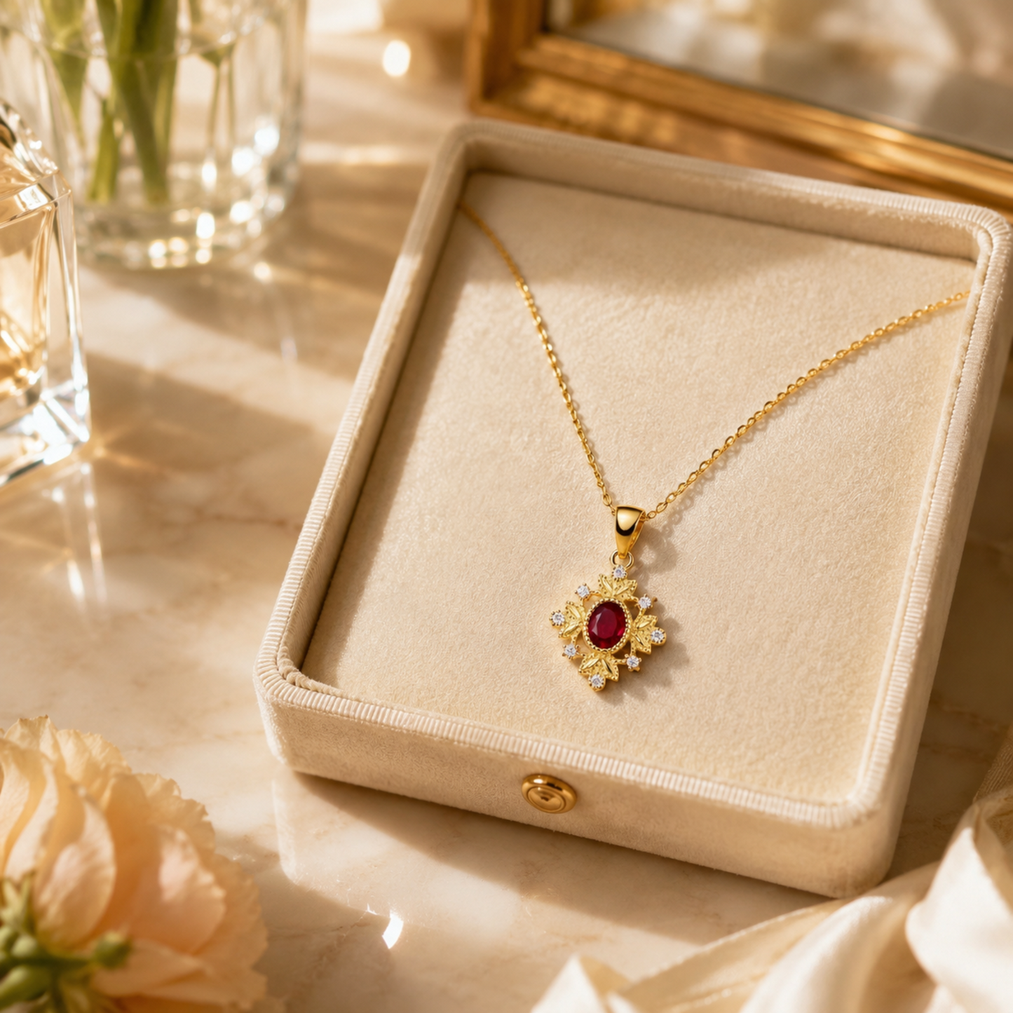 Gold 925 sterling silver ruby red vintage pendant necklace in an elegant jewellery box with flowers