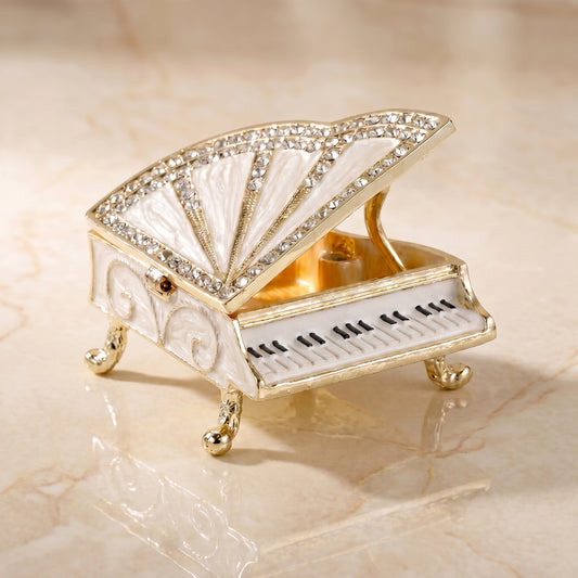 White vintage inspired piano jewellery box with open lid and gold tone interior, ideal as a decorative jewellery gift.