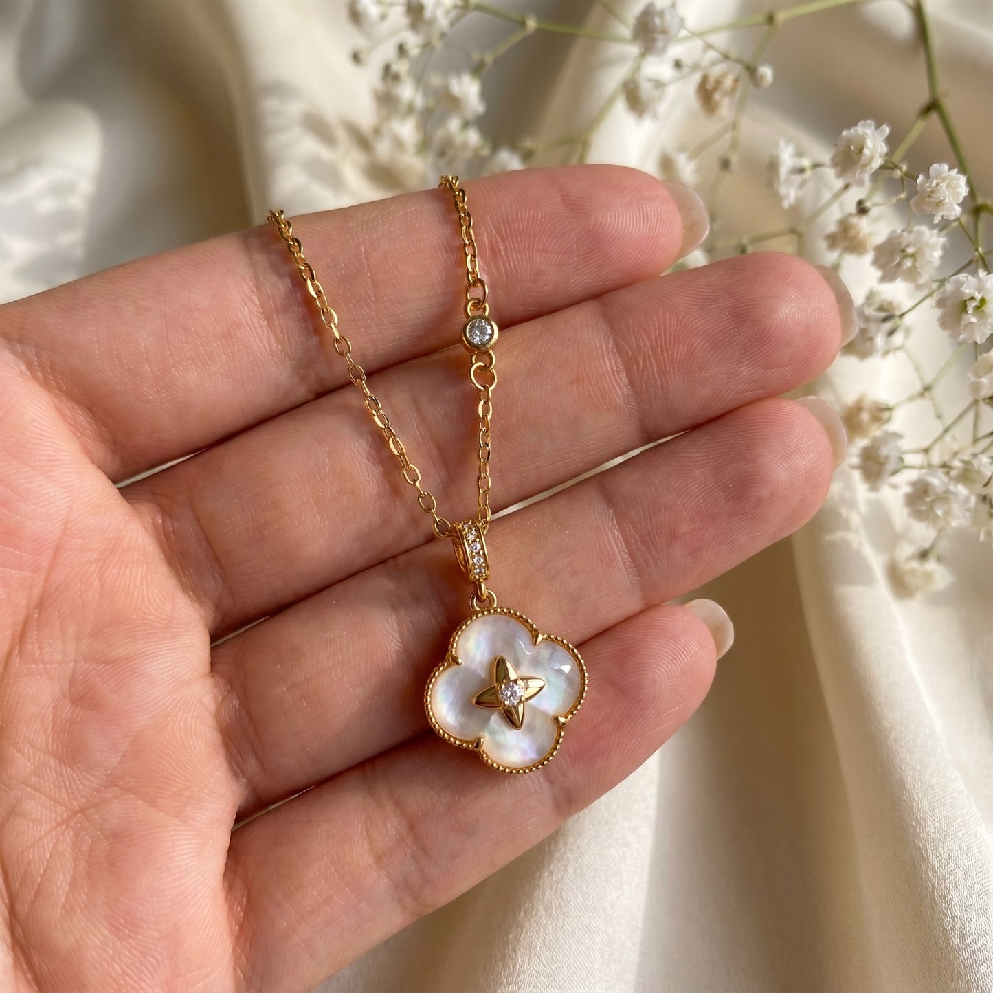 Gold Mother of Pearl Lucky Clover 925 Sterling Silver Necklace
