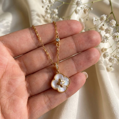 Gold Mother of Pearl Lucky Clover 925 Sterling Silver Necklace