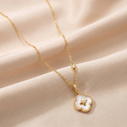 Gold Mother of Pearl Lucky Clover 925 Sterling Silver Necklace
