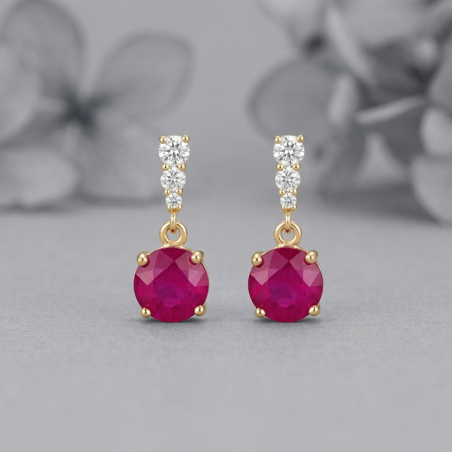 18K gold plated 925 sterling silver red cubic zirconia drop stud earrings front view