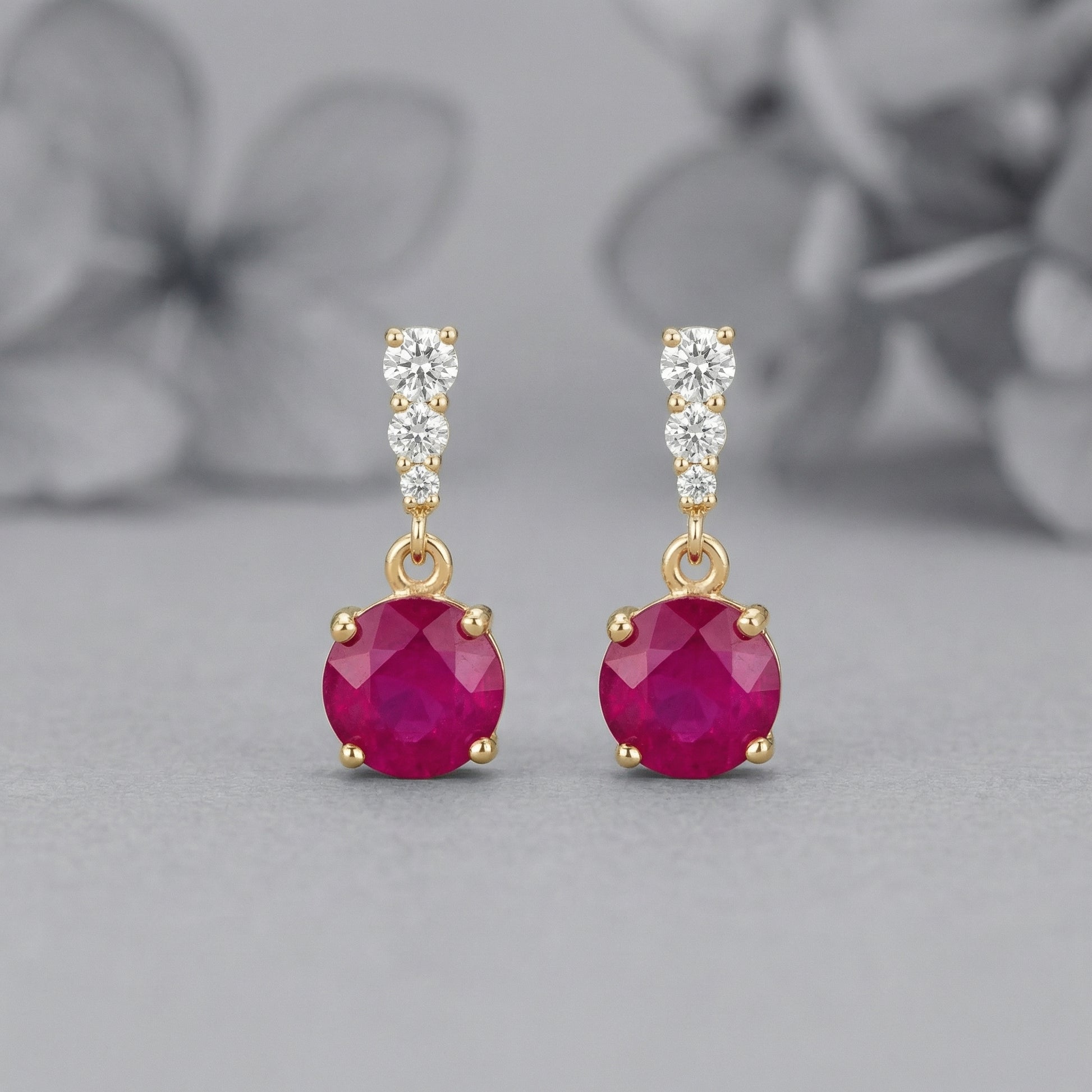 18K gold plated 925 sterling silver red cubic zirconia drop stud earrings front view