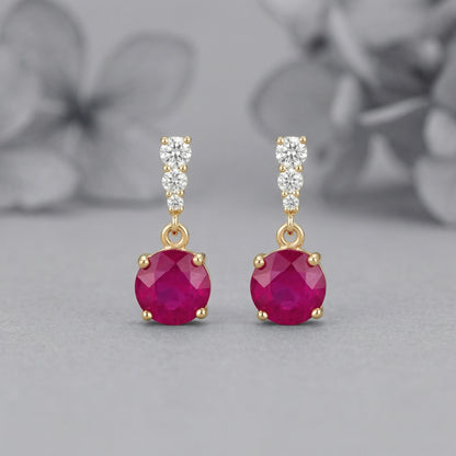 18K gold plated 925 sterling silver red cubic zirconia drop stud earrings front view