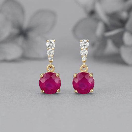 18K gold plated 925 sterling silver red cubic zirconia drop stud earrings front view