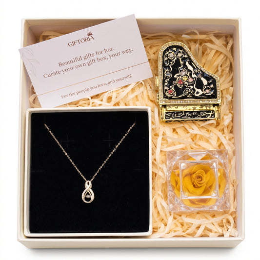 Golden Infinity Necklace, Preserved Rose & Piano Jewellery Box Gift Set