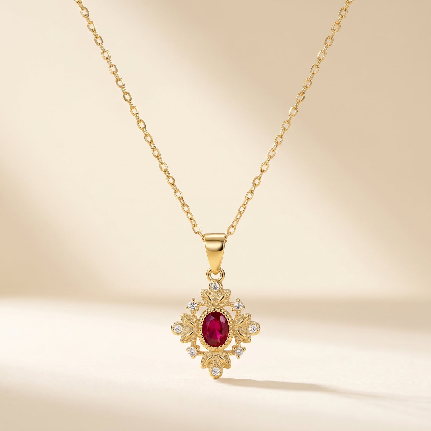 Gold 925 Sterling Silver Ruby Red Vintage Pendant Necklace