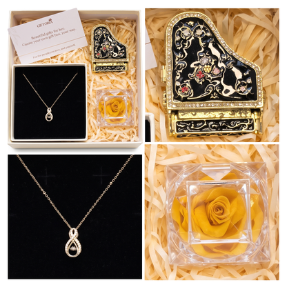 Golden Infinity Necklace, Preserved Rose & Piano Jewellery Box Gift Set