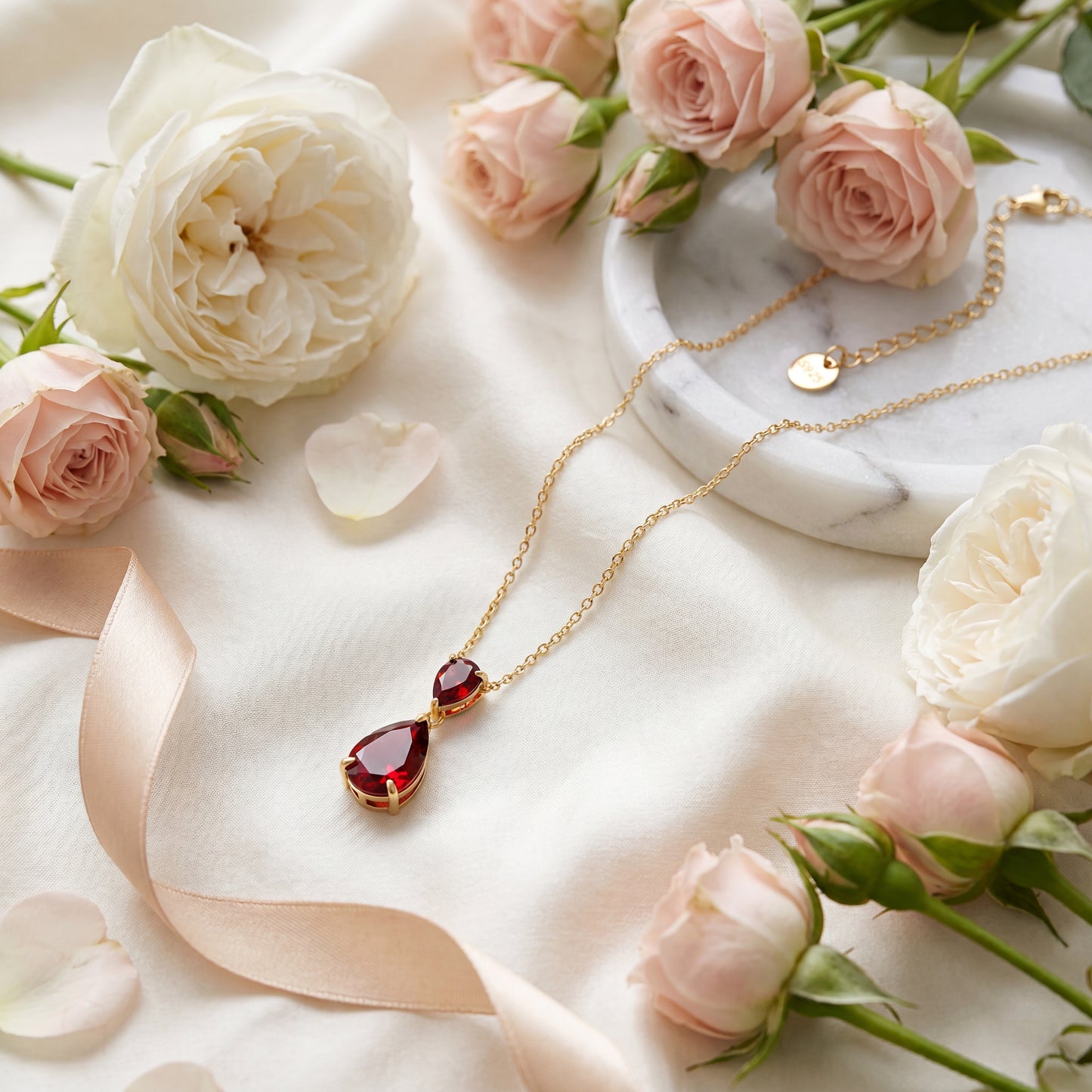 Ruby Glow Red Teardrop 18K Gold Plated 925 Sterling Silver Necklace