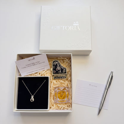Golden Infinity Necklace, Preserved Rose & Piano Jewellery Box Gift Set