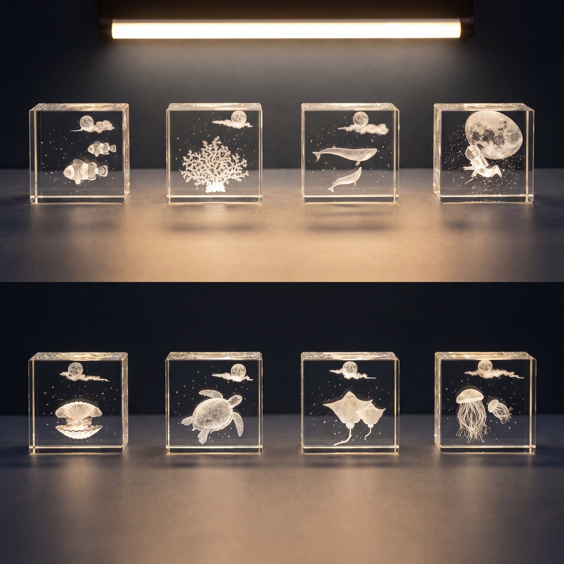 3D Engraved Crystal Cube Keepsake collection with ocean, moon and animal designs for gift ideas in Australia