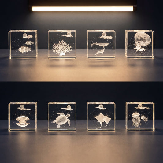 3D Engraved Crystal Cube Keepsake collection with ocean, moon and animal designs for gift ideas in Australia