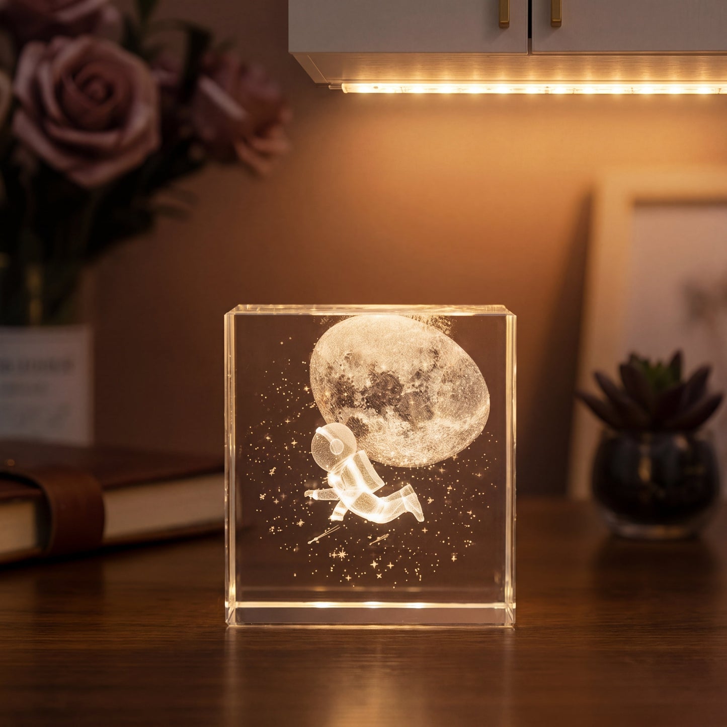 3D engraved crystal cube with moon and astronaut design, a dreamy keepsake gift for her