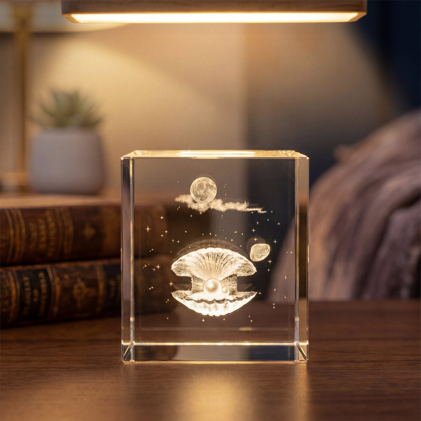 3D engraved crystal cube with pearl shell design, a unique keepsake gift for desk or bedside décor