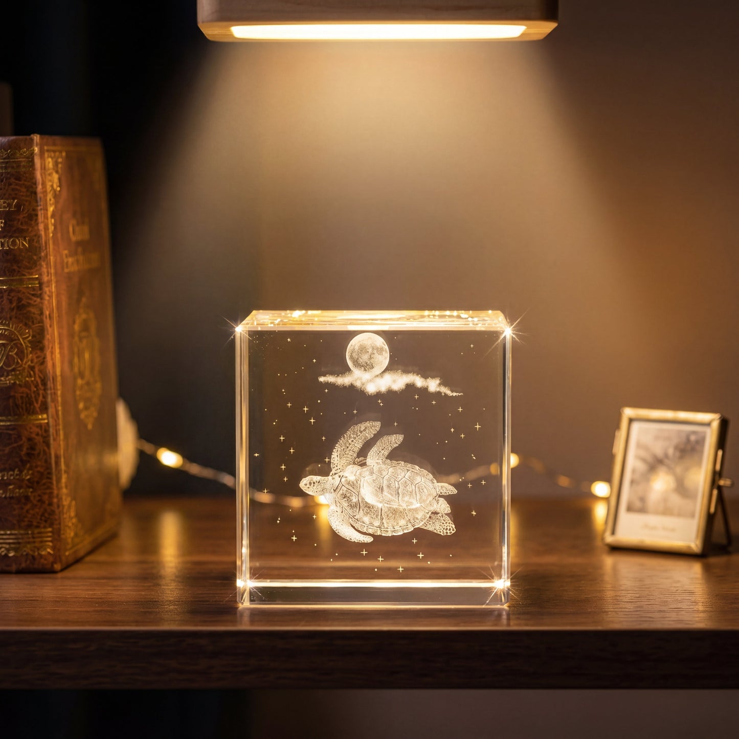3D engraved crystal cube with turtle design, a peaceful keepsake gift for home or desk décor