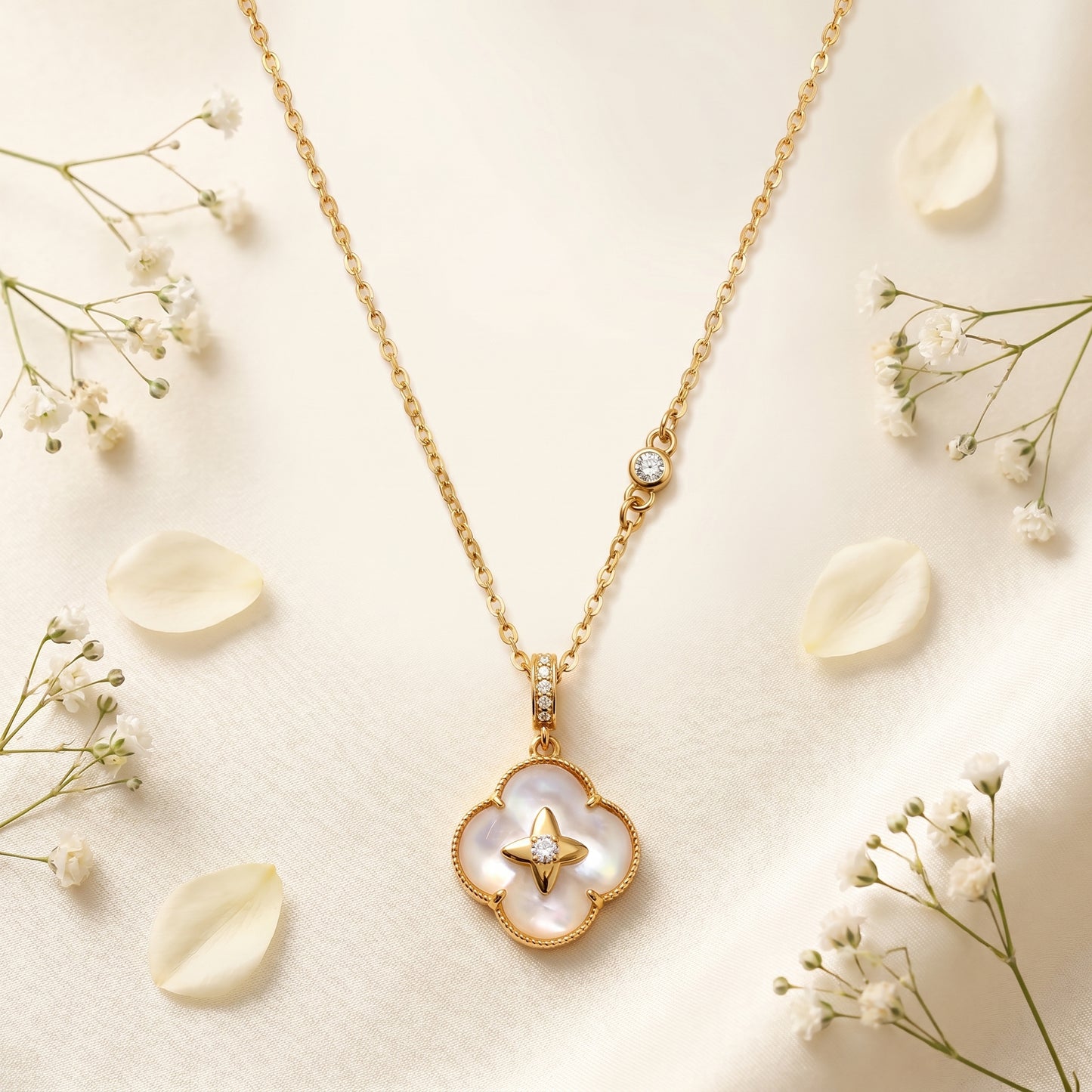 Gold Mother of Pearl Lucky Clover 925 Sterling Silver Necklace
