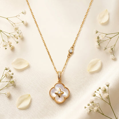 Gold Mother of Pearl Lucky Clover 925 Sterling Silver Necklace