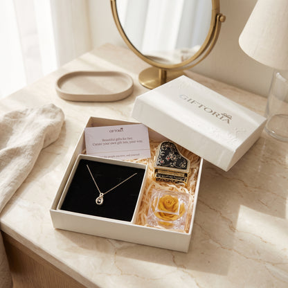 Golden Infinity Necklace, Preserved Rose & Piano Jewellery Box Gift Set