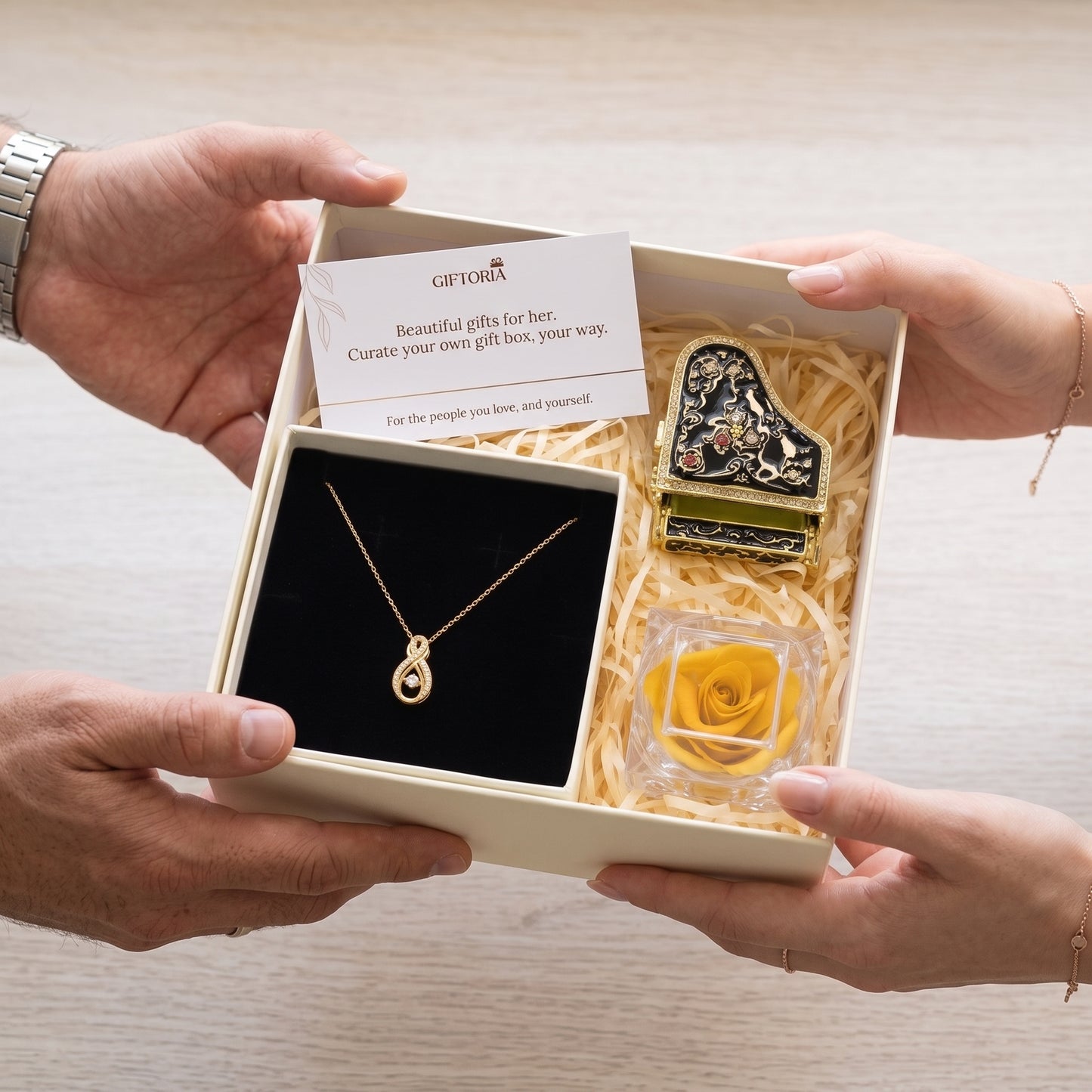 Golden Infinity Necklace, Preserved Rose & Piano Jewellery Box Gift Set