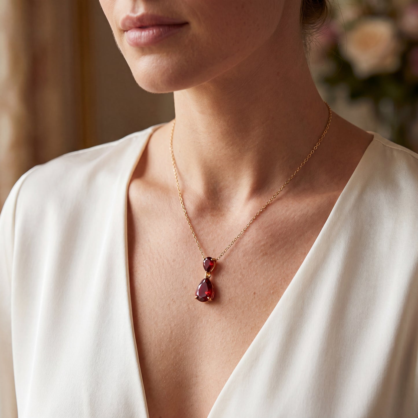 Ruby Glow Red Teardrop 18K Gold Plated 925 Sterling Silver Necklace