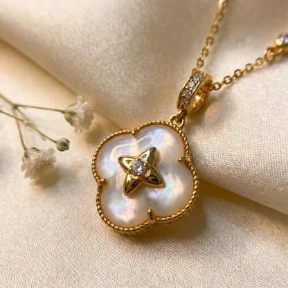 Gold Mother of Pearl Lucky Clover 925 Sterling Silver Necklace