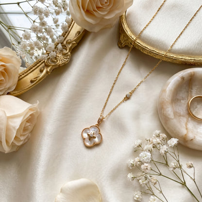 Gold Mother of Pearl Lucky Clover 925 Sterling Silver Necklace