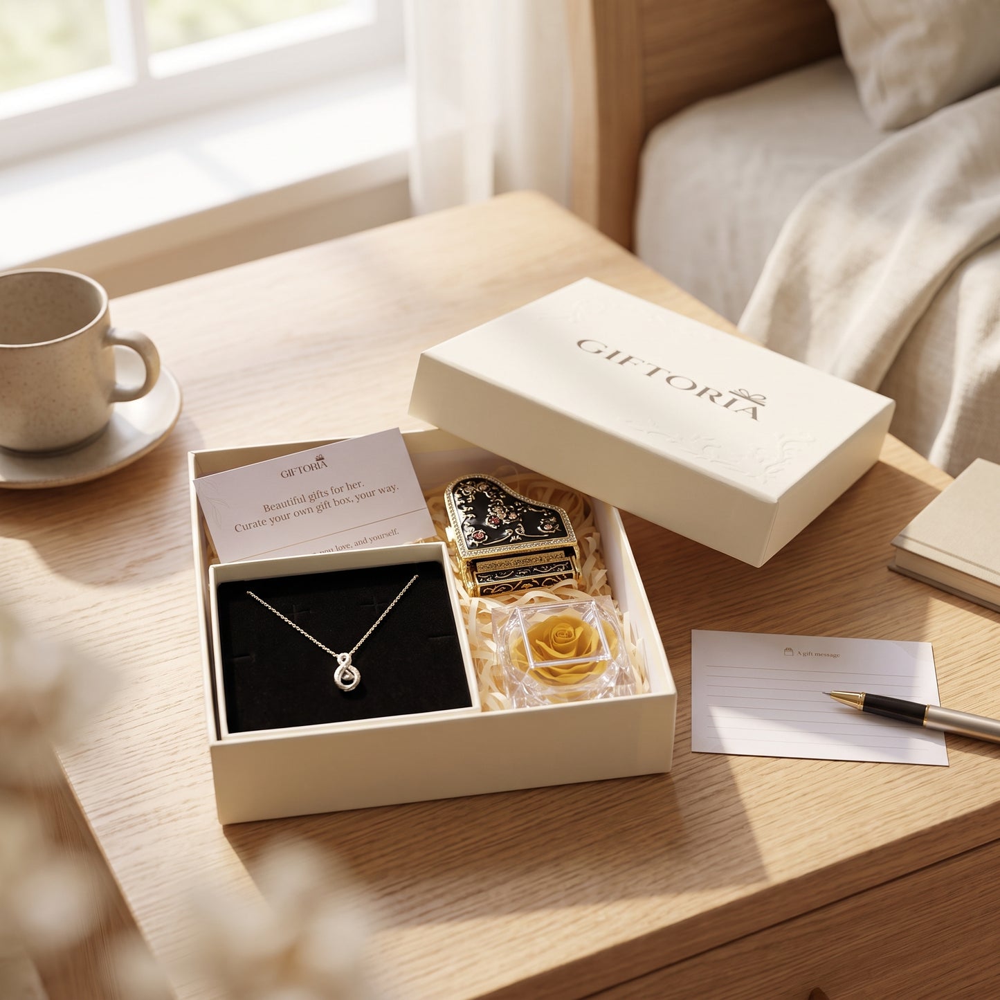 Golden Infinity Necklace, Preserved Rose & Piano Jewellery Box Gift Set