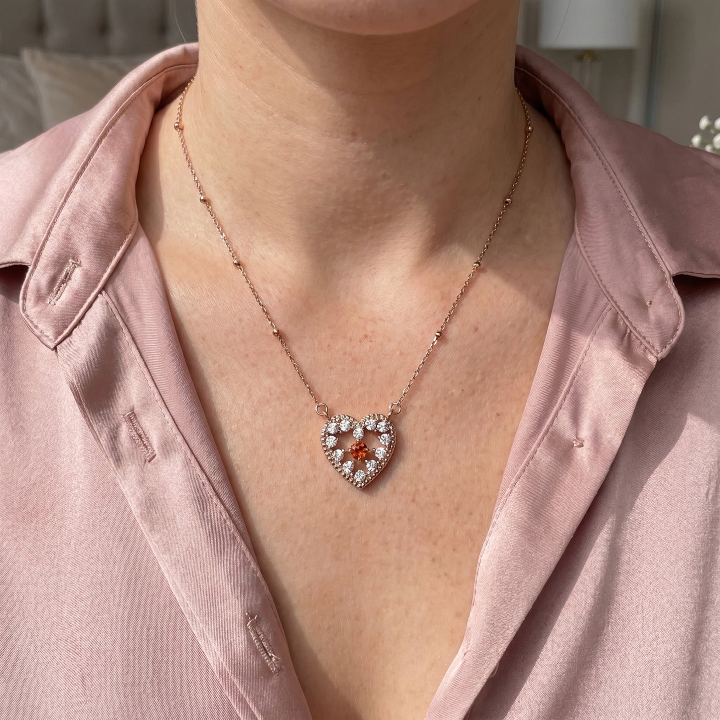 Rose Gold 925 Sterling Silver Red Sparkle Heart Pendant Necklace