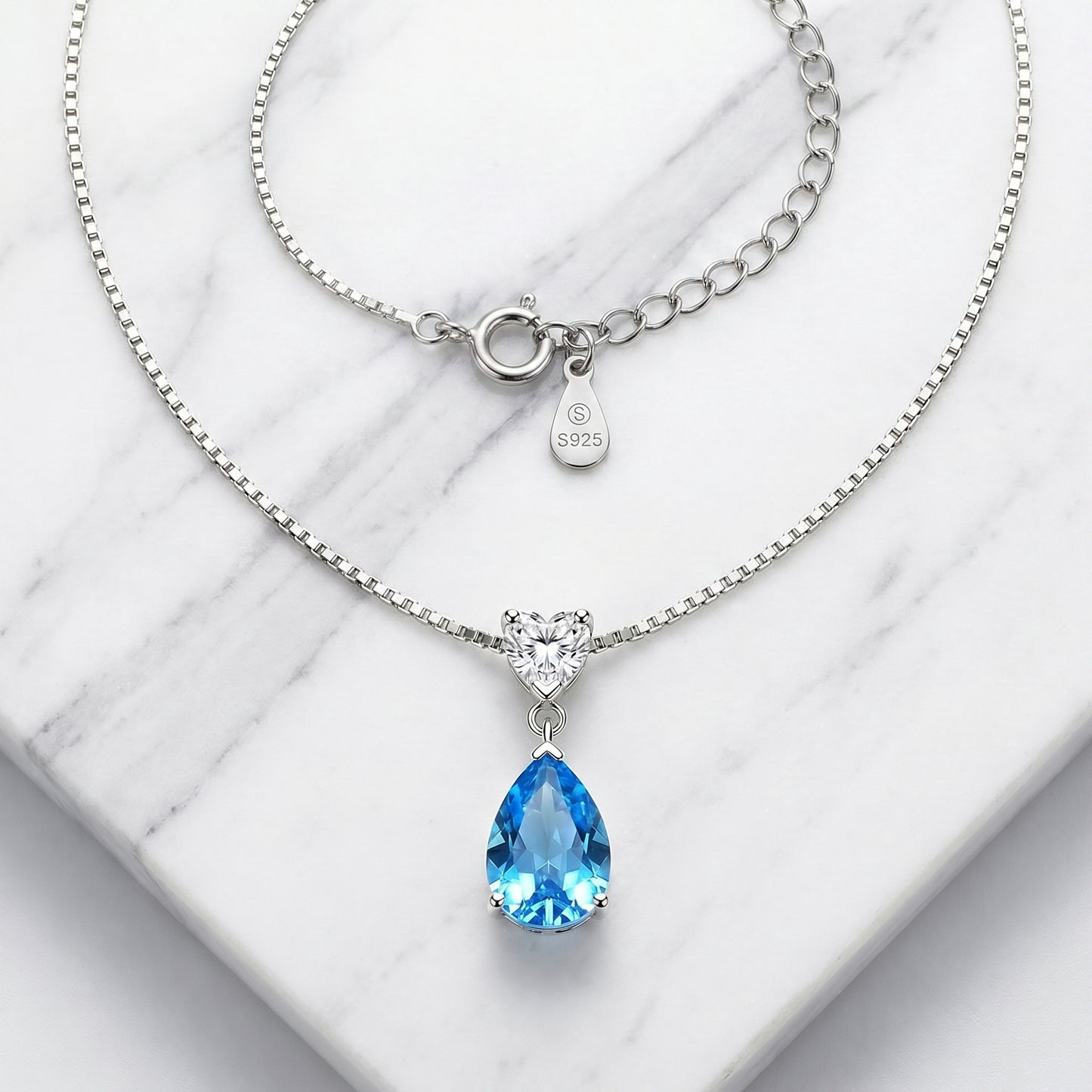 925 sterling silver blue necklace chain and clasp detail with delicate ocean heart teardrop pendant