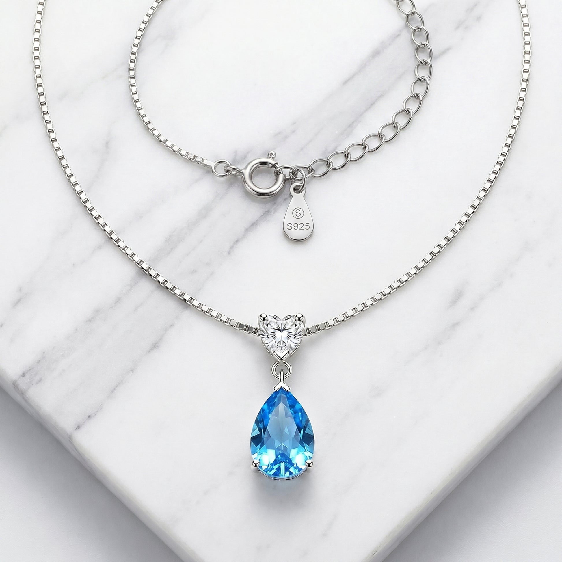 925 sterling silver blue necklace chain and clasp detail with delicate ocean heart teardrop pendant