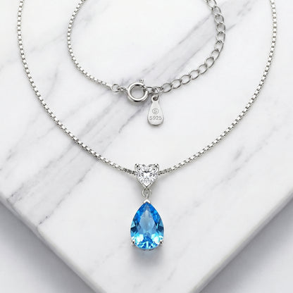 925 sterling silver blue necklace chain and clasp detail with delicate ocean heart teardrop pendant