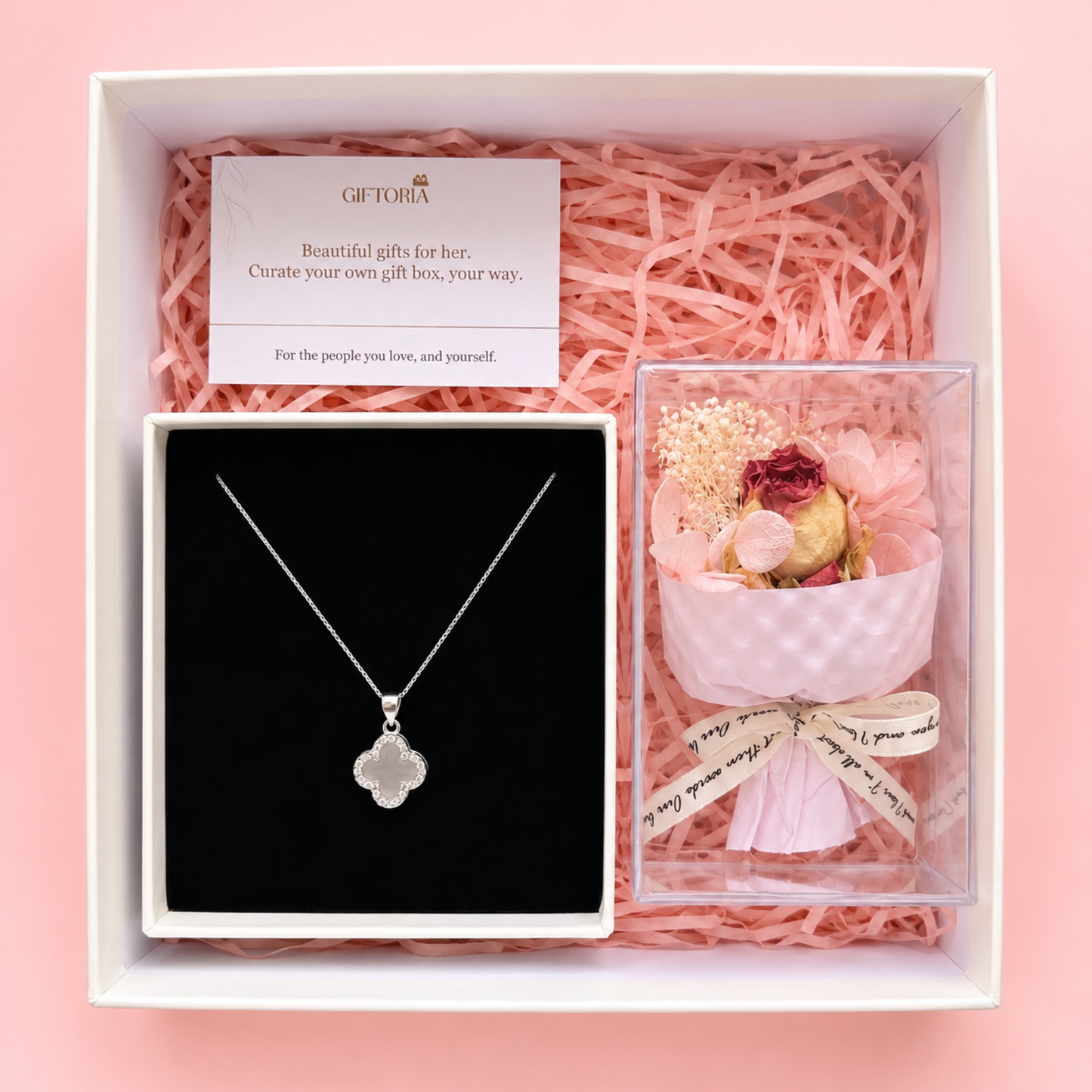 925 sterling silver four leaf clover necklace and dried red rose bouquet gift set