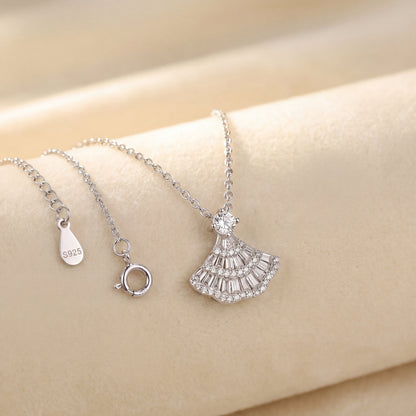 Close up of 925 sterling silver vintage fan pendant necklace with sparkling fan shaped pendant and adjustable chain