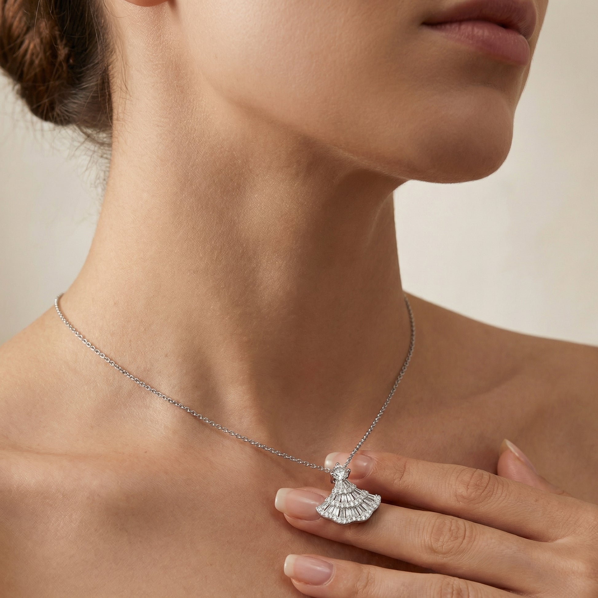 Model wearing a 925 sterling silver vintage fan pendant necklace, elegant sparkling jewellery gift for her