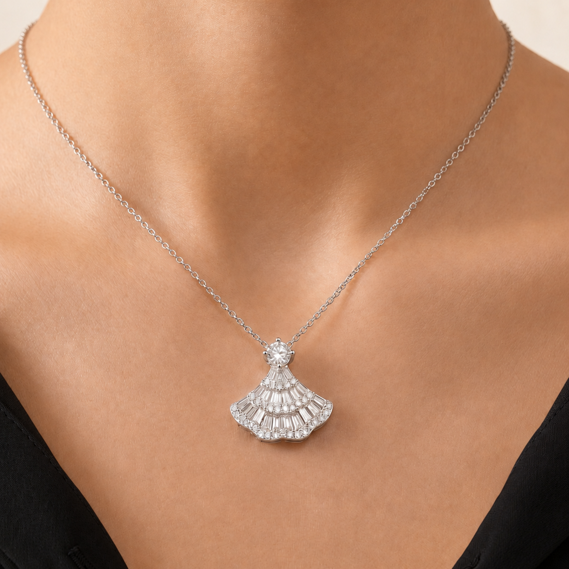 Model wearing a 925 sterling silver vintage fan pendant necklace, elegant sparkling jewellery gift for her
