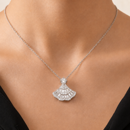Model wearing a 925 sterling silver vintage fan pendant necklace, elegant sparkling jewellery gift for her

