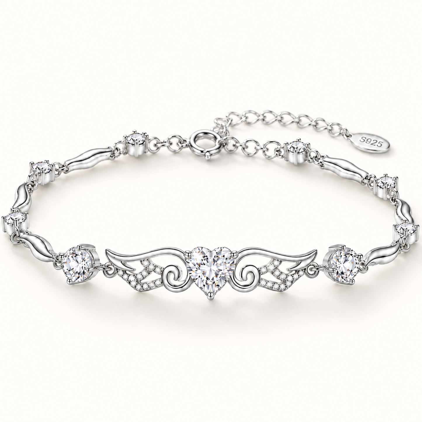 Clear cubic zirconia angel wings heart bracelet crafted from 925 sterling silver
