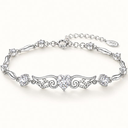 Clear cubic zirconia angel wings heart bracelet crafted from 925 sterling silver
