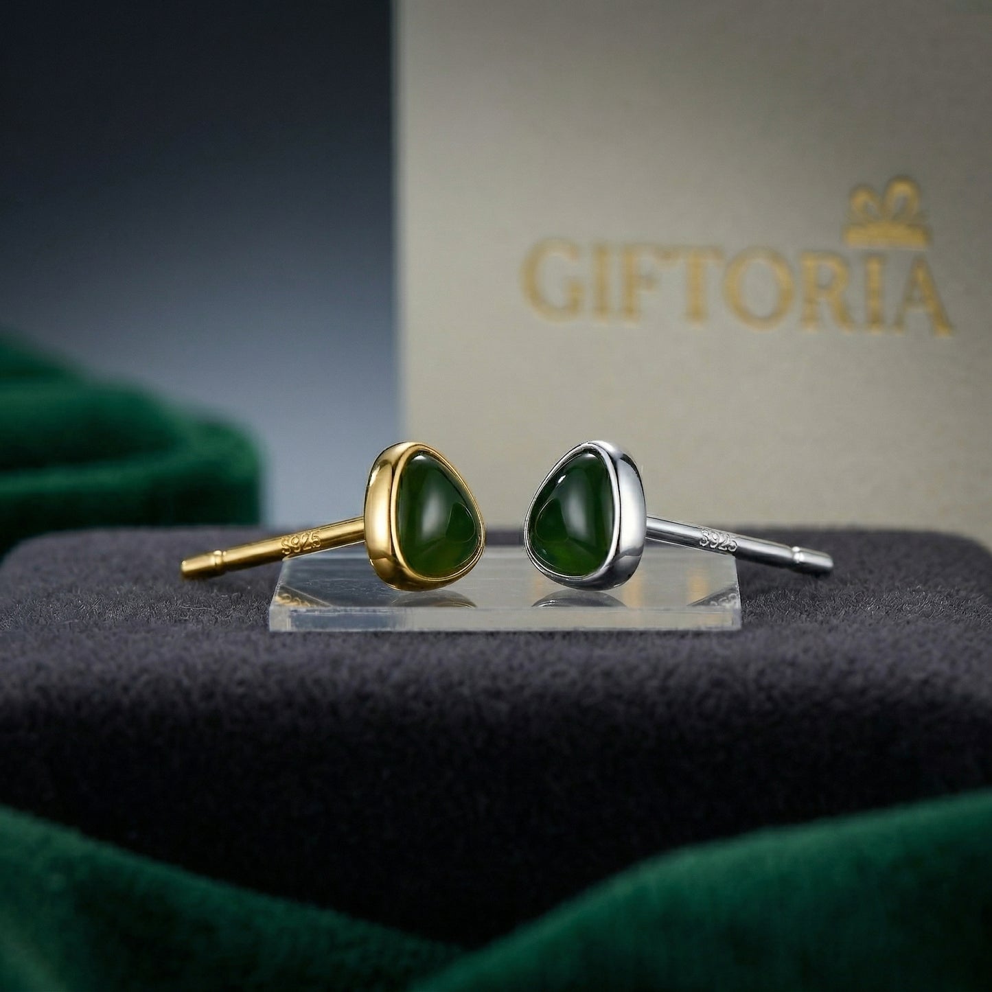 925 Sterling Silver Avocado Green Stud Earrings in gold and silver tones with Giftoria gift-ready styling