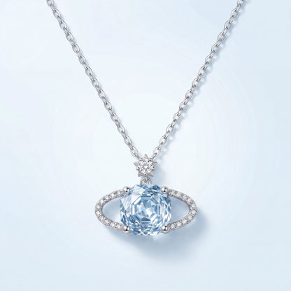 925 sterling silver blue planet sparkling star necklace with light blue cubic zirconia pendant