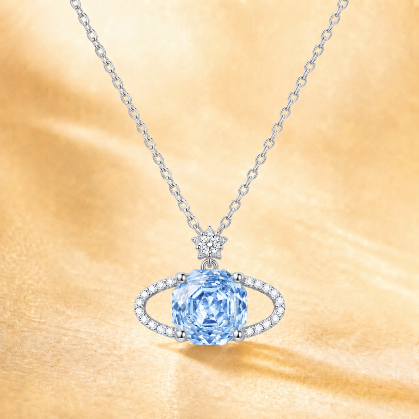 925 sterling silver Blue Planet sparkling star necklace with light blue cubic zirconia pendant