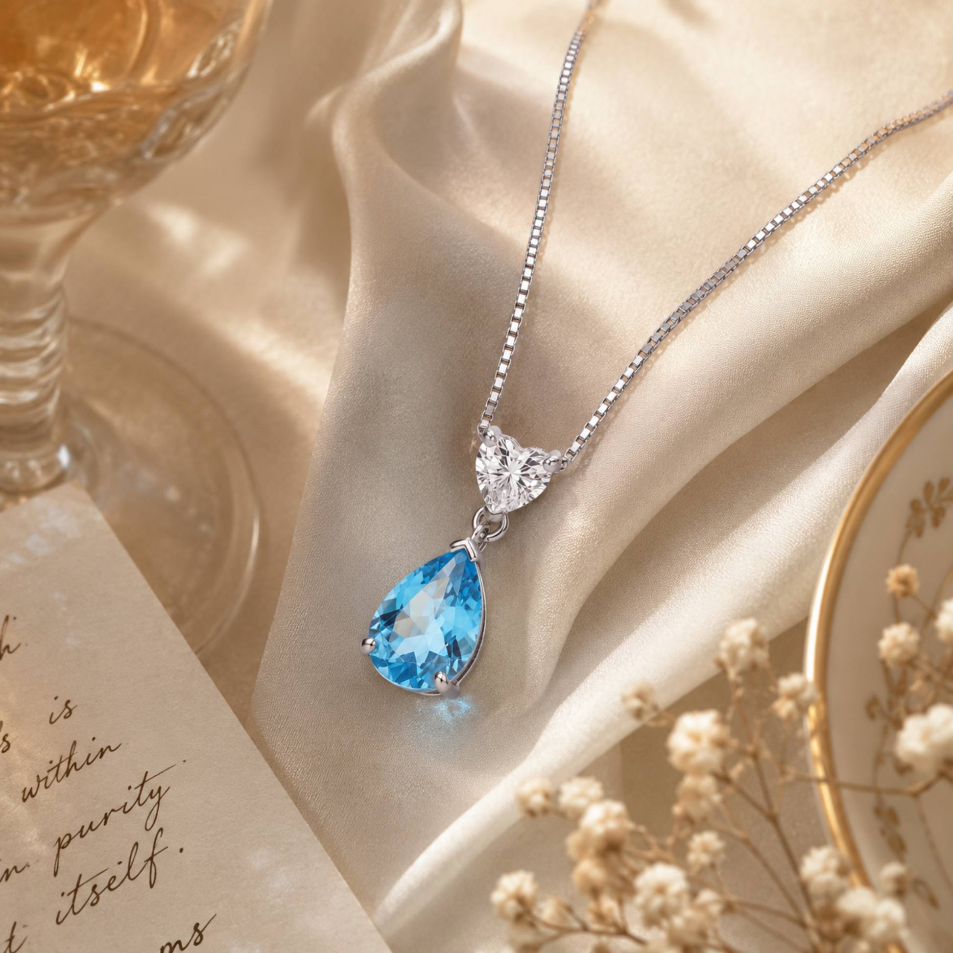 Blue teardrop crystal necklace in 925 sterling silver displayed on champagne satin with delicate dried flowers
