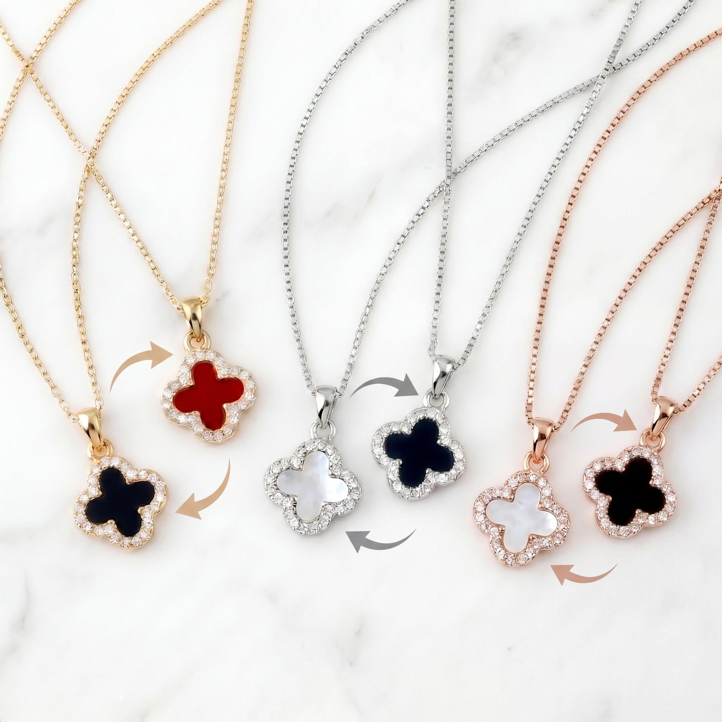 925 sterling silver double-sided four leaf clover necklace in silver, gold and rose gold