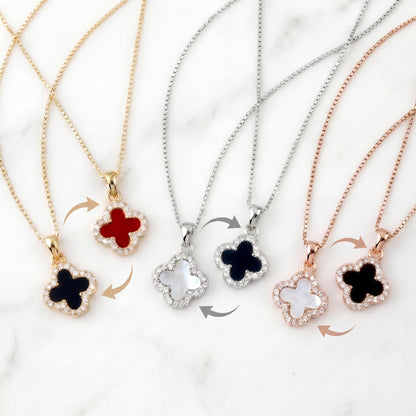 925 sterling silver double-sided four leaf clover necklace in silver, gold and rose gold